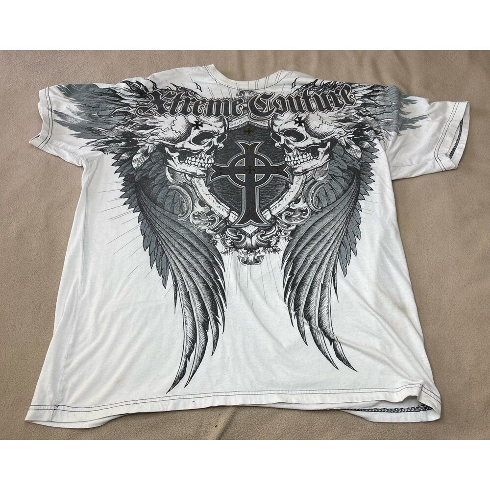 Xtreme Couture Shirt Mens 2XL White Wings Skull Graphic Gothic Biker Grunge AOP